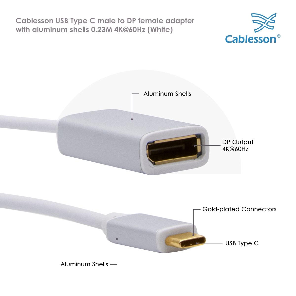 Cablesson USB Type C male to DP female adapter with aluminum shells 0.23M 4K@60Hz (White) — view 4