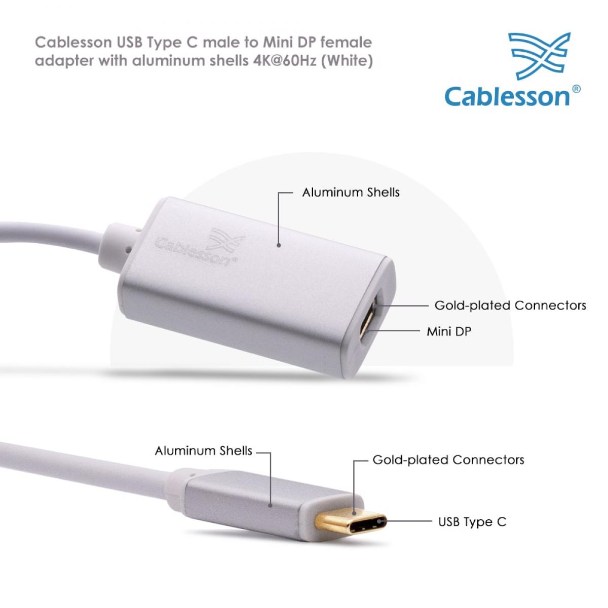 Cablesson USB Type C male to Mini DP female adapter with aluminum shells 0.23M 4K@60Hz (White) — view 4