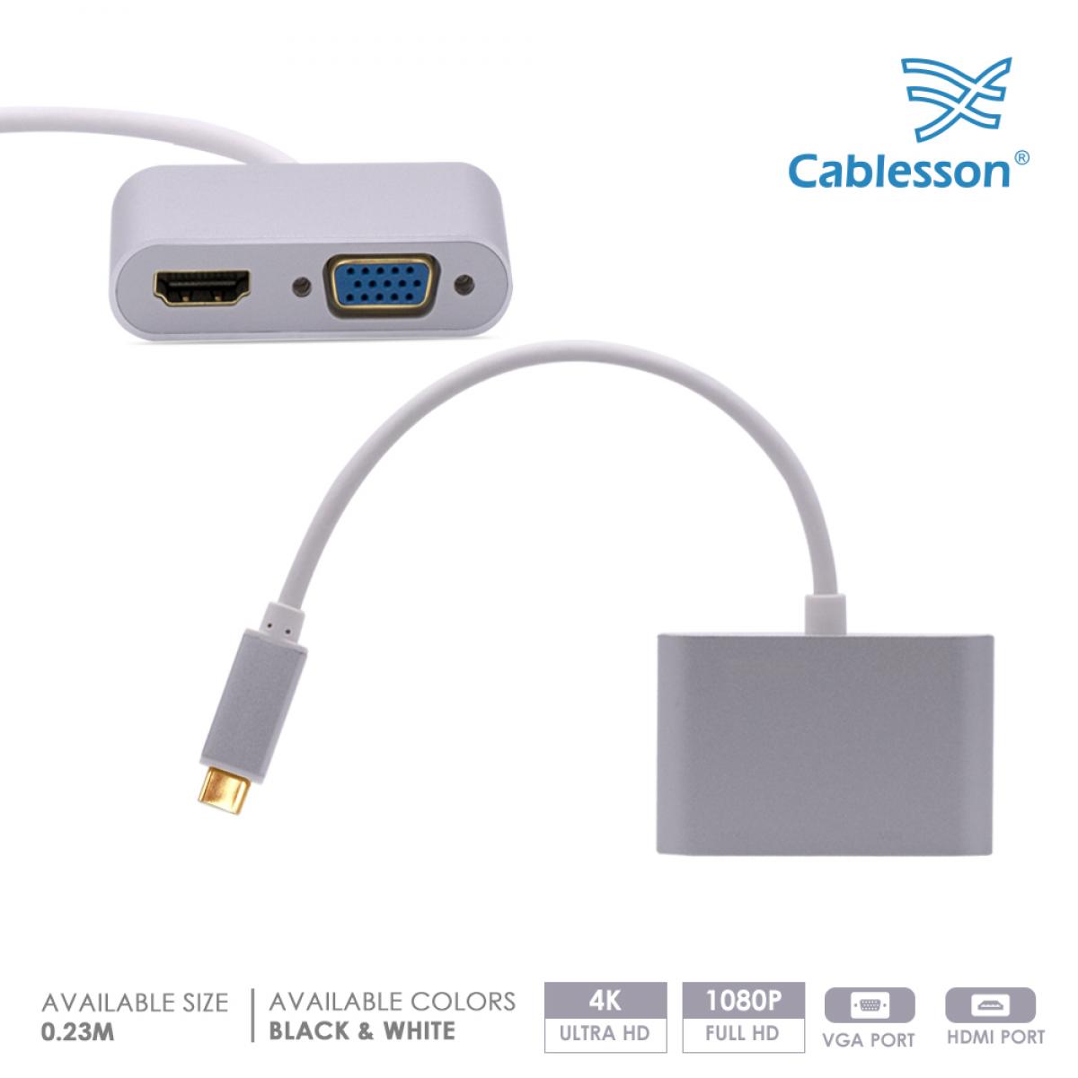 Cablesson USB Type C male to HDMI+VGA female adapter with aluminum shells 0.23M 1080P/4K30Hz (White) — view 2
