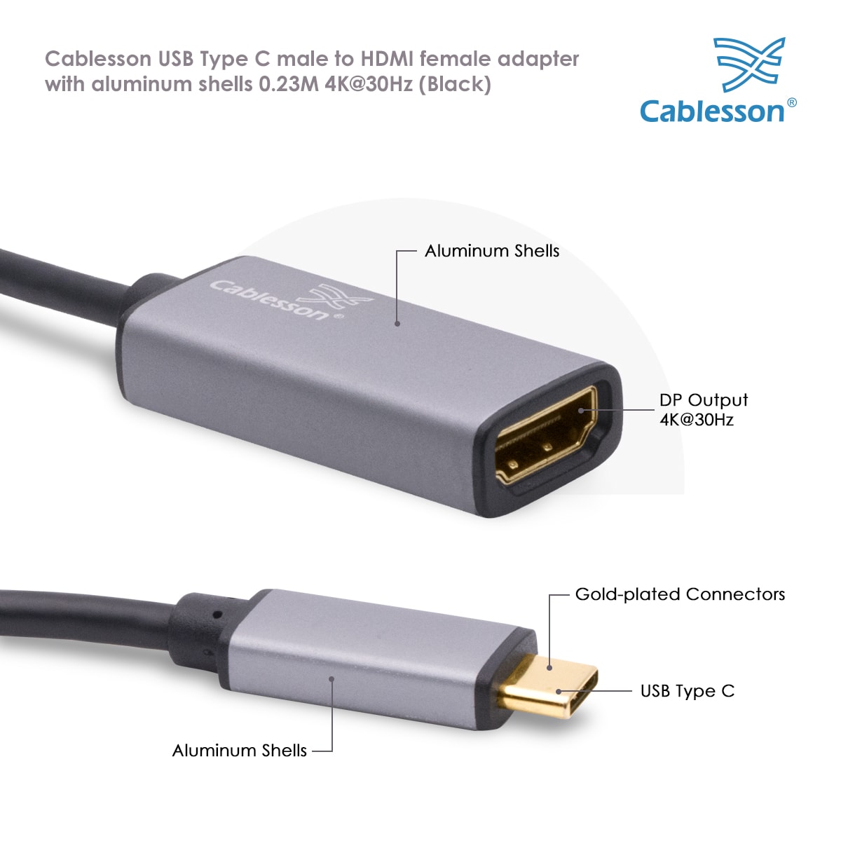 Cablesson USB Type C male to HDMI female adapter with aluminum shells 0.23M 4K@30Hz (Black) — view 4