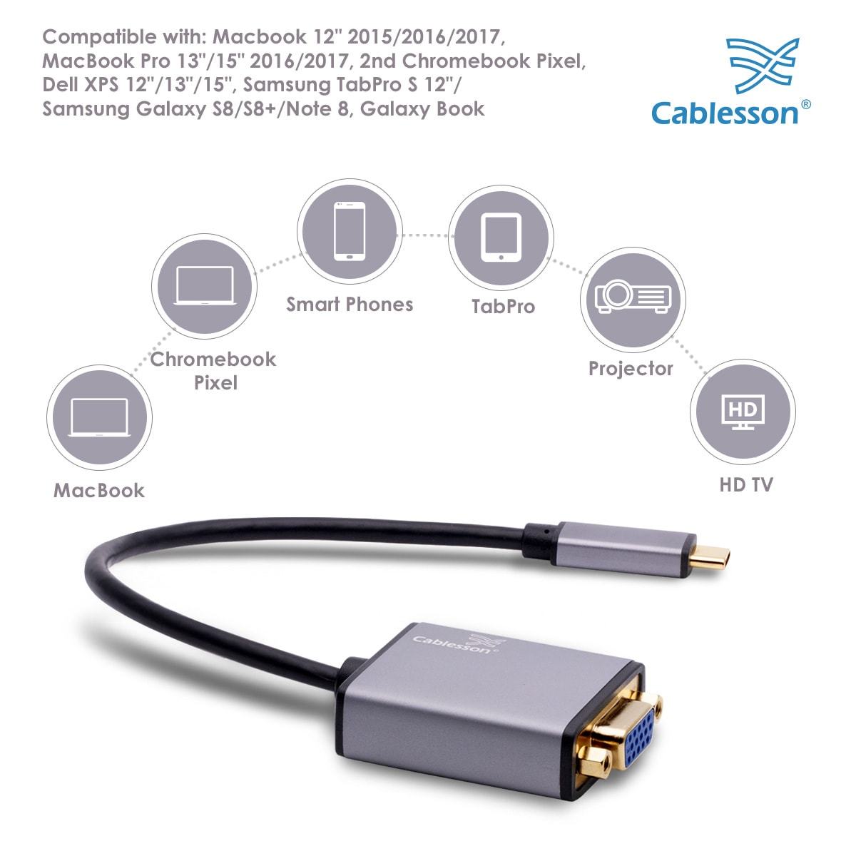 Cablesson USB Type C male to VGA female adapter with aluminum shells 0.23M 1080P@60Hz (Black) — view 3