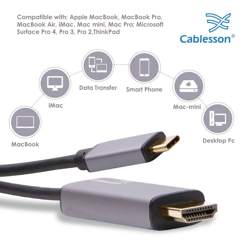 Cablesson USB Type C male to HDMI male adapter cable with aluminum shells 1M 4K@30Hz (Black) — view 3