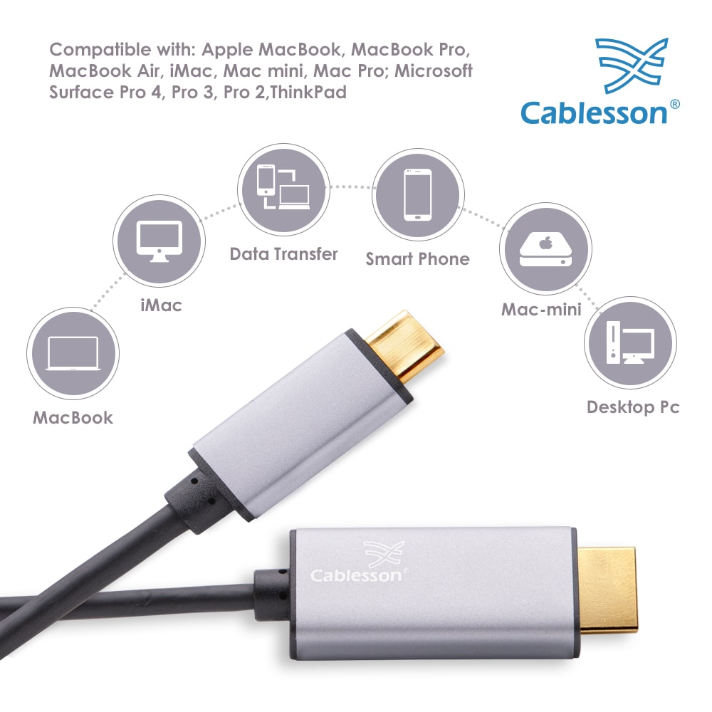 Cablesson USB Type C male to HDMI male adapter cable with aluminum shells 2M 4K@30Hz (Black) — view 3