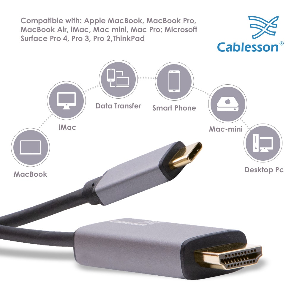 Cablesson USB Type C male to HDMI male adapter cable with aluminum shells 3M 4K@30Hz (Black) — view 3