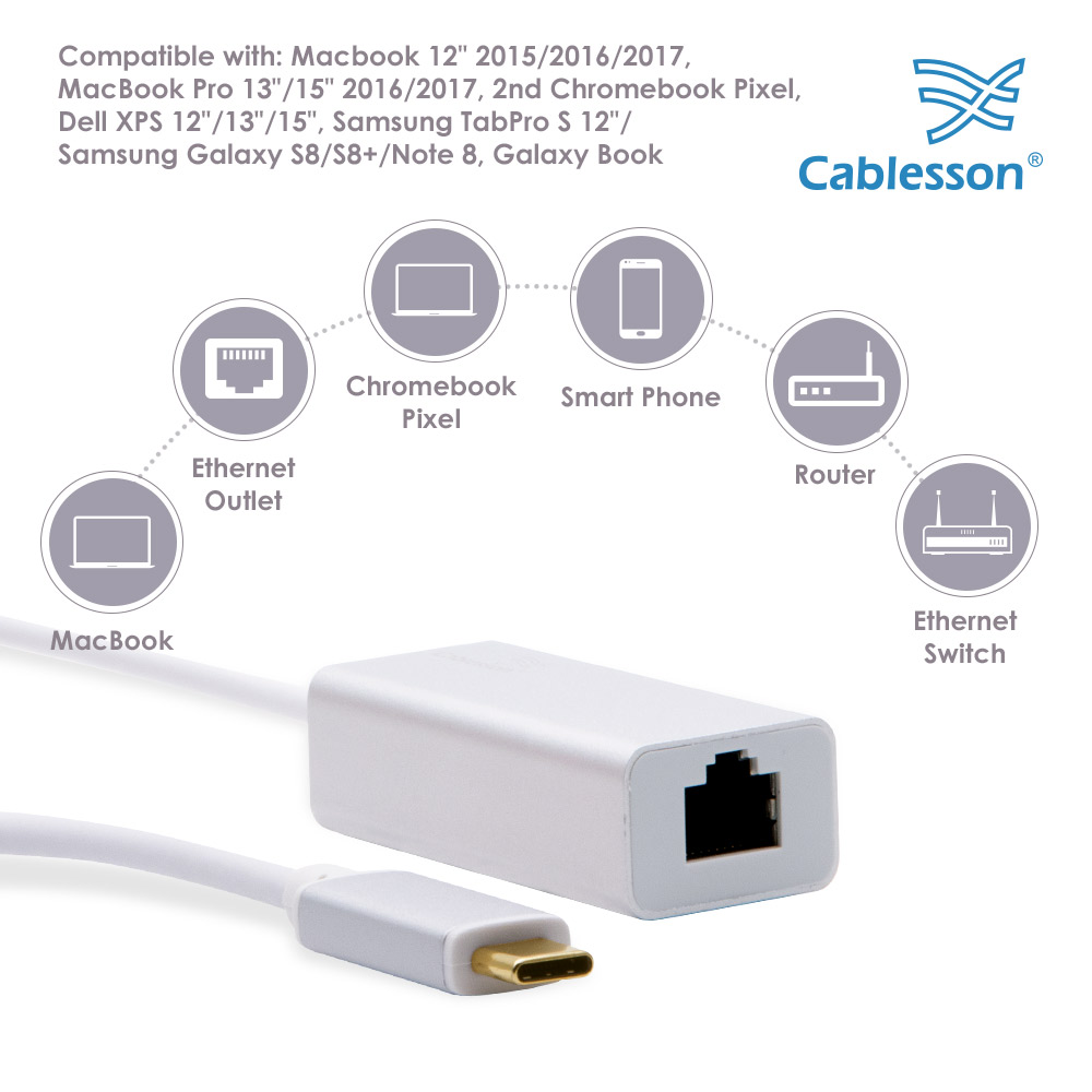 Cablesson USB Type C male to RJ45 adapter with aluminum shells 0.23M support 1000M (White) — view 3