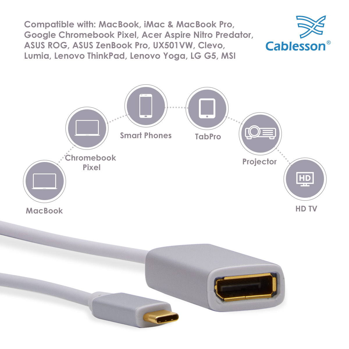 Cablesson USB Type C male to DP female adapter with aluminum shells 0.23M 4K@60Hz (White) — view 3