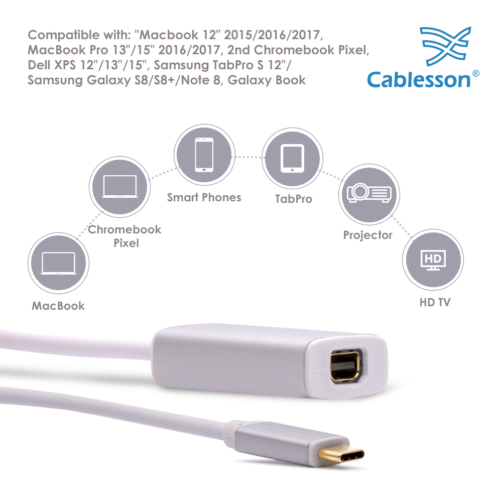 Cablesson USB Type C male to Mini DP female adapter with aluminum shells 0.23M 4K@60Hz (White) — view 3