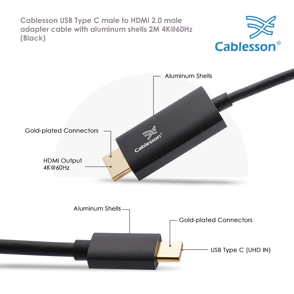 Cablesson USB Type C male to HDMI 2.0 male adapter cable with aluminum shells 2M 4K@60Hz (Black) — view 4