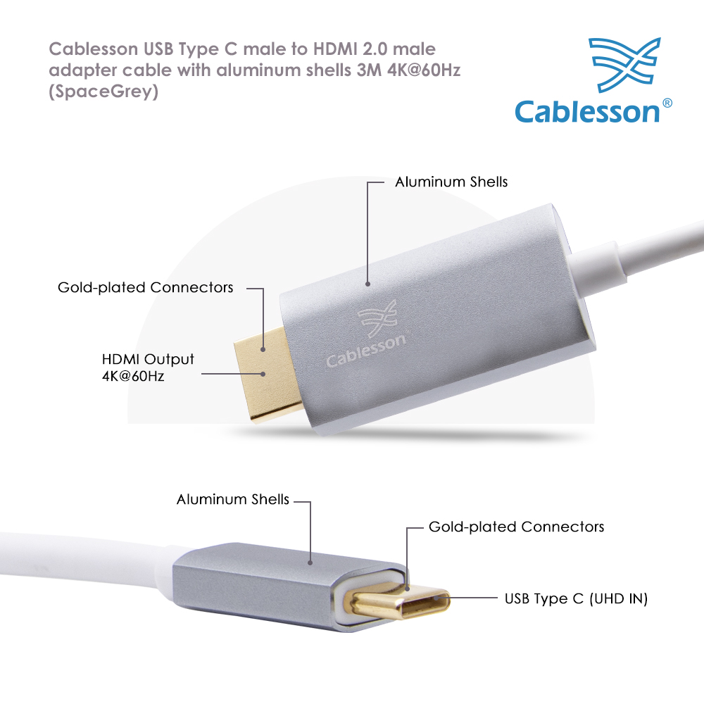 Cablesson USB Type C male to HDMI 2.0 male adapter cable with aluminum shells 3M 4K@60Hz (SpaceGrey) — view 4