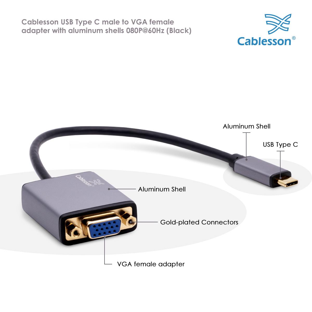 Cablesson USB Type C male to VGA female adapter with aluminum shells 0.23M 1080P@60Hz (Black) — view 4