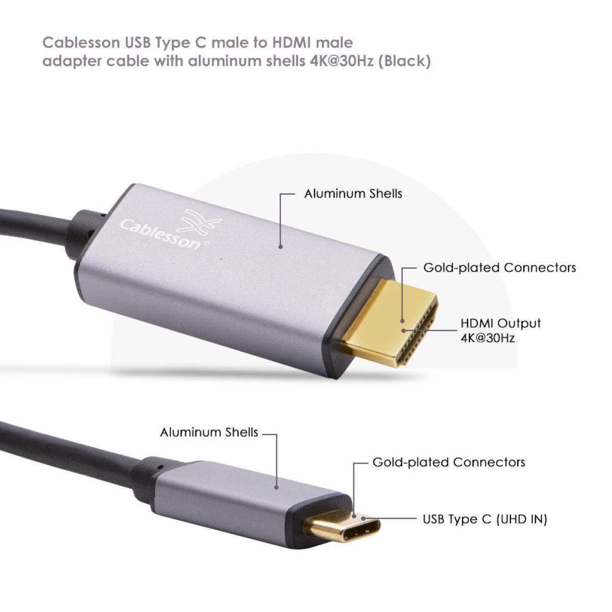 Cablesson USB Type C male to HDMI male adapter cable with aluminum shells 1M 4K@30Hz (Black) — view 4