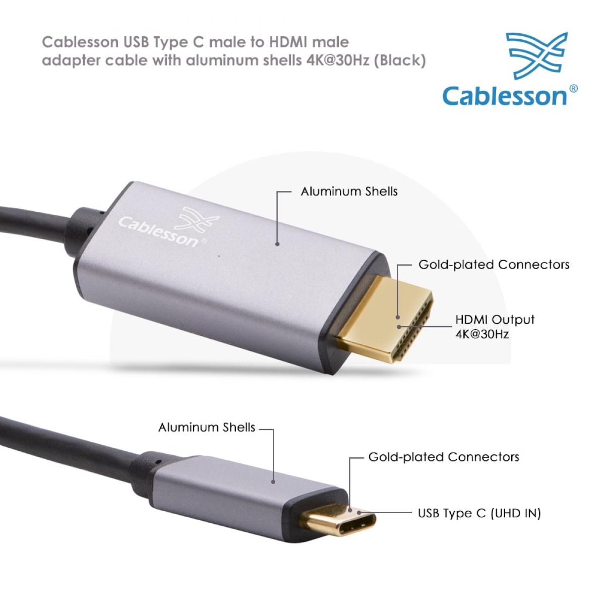 Cablesson USB Type C male to HDMI male adapter cable with aluminum shells 3M 4K@30Hz (Black) — view 4