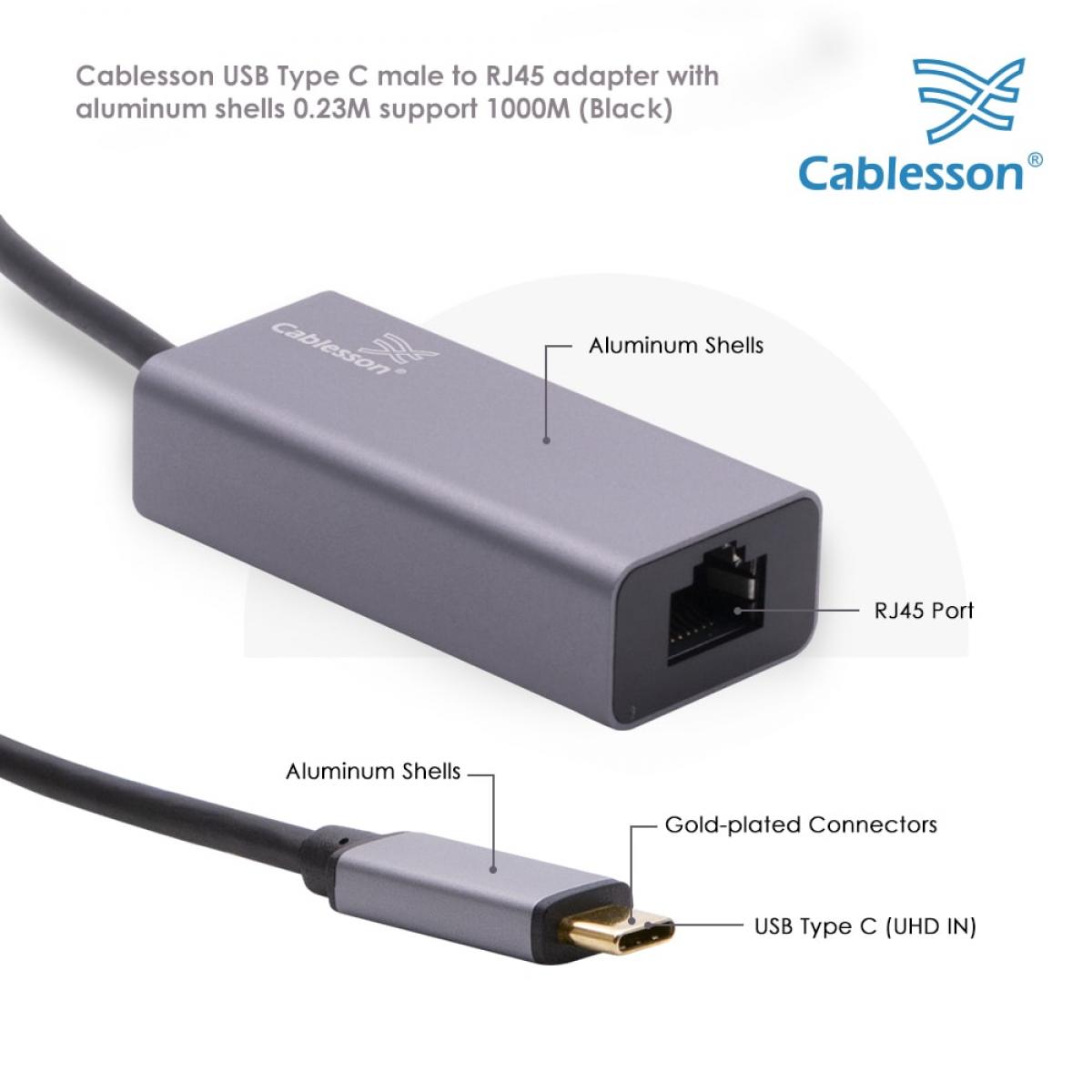 Cablesson USB Type C male to RJ45 adapter with aluminum shells 0.23M support 1000M (Black) — view 4