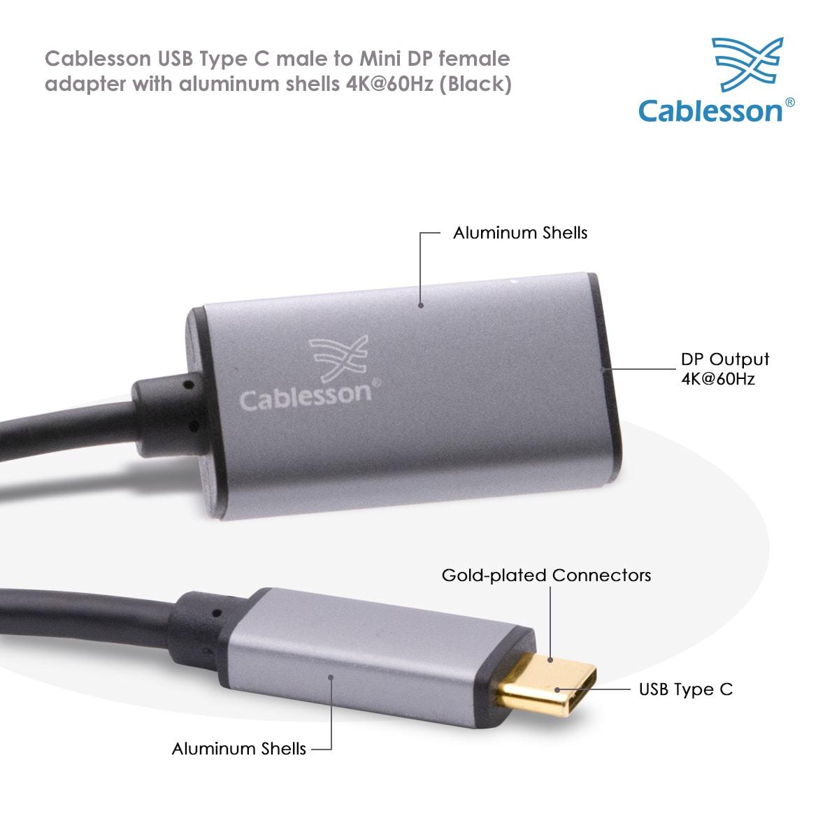Cablesson USB Type C male to Mini DP female adapter with aluminum shells 0.23M 4K@60Hz (Black) — view 4