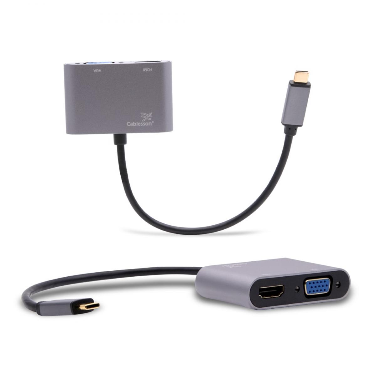 Cablesson USB Type C male to HDMI+VGA female adapter with aluminum shells 0.23M 1080P/4K30Hz (Black)
