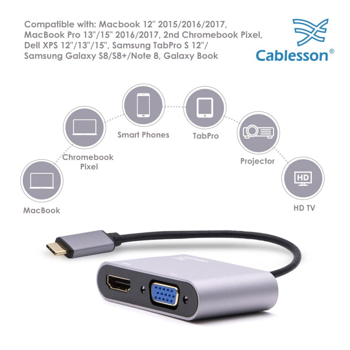 Cablesson USB Type C male to HDMI+VGA female adapter with aluminum shells 0.23M 1080P/4K30Hz (Black) — view 3