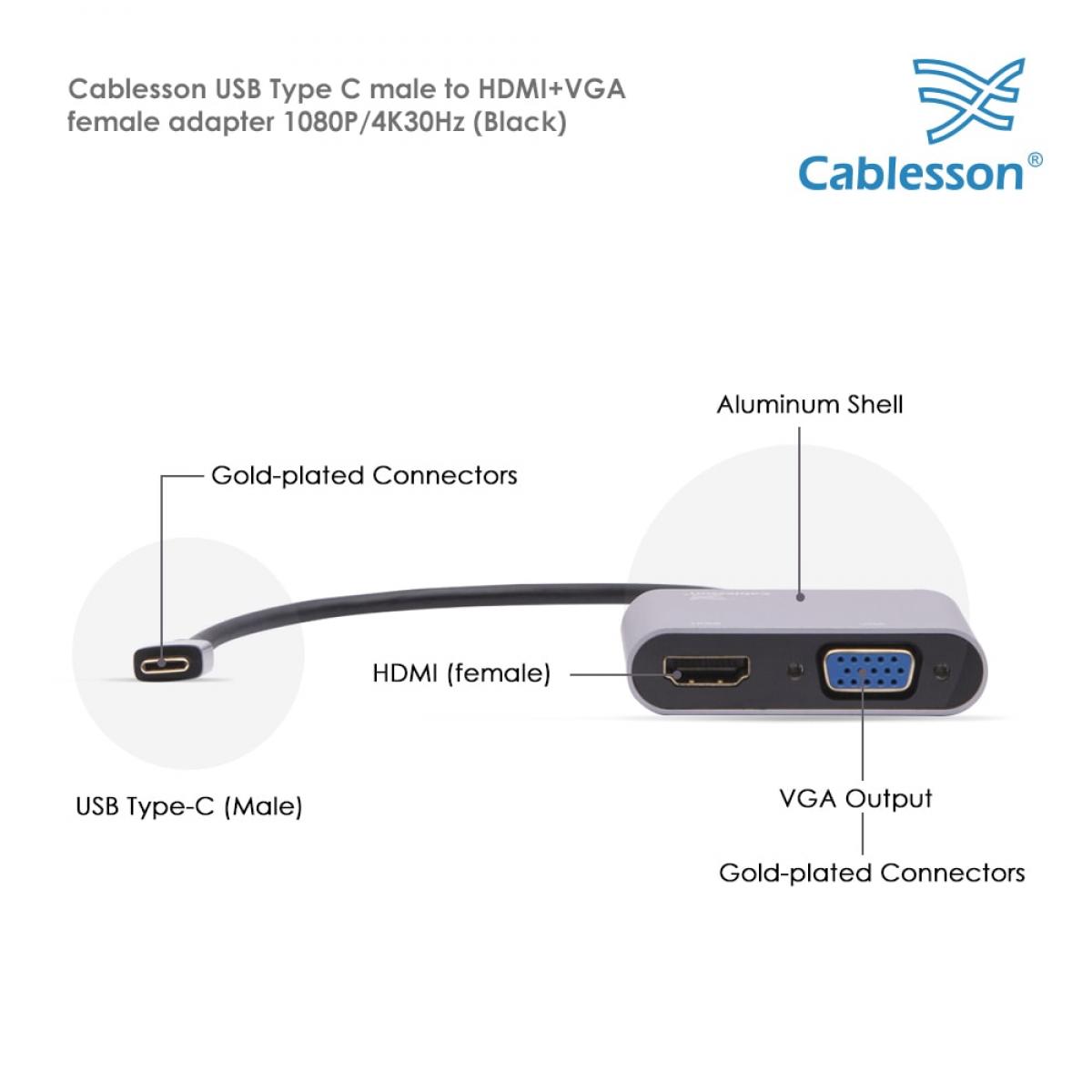 Cablesson USB Type C male to HDMI+VGA female adapter with aluminum shells 0.23M 1080P/4K30Hz (Black) — view 4