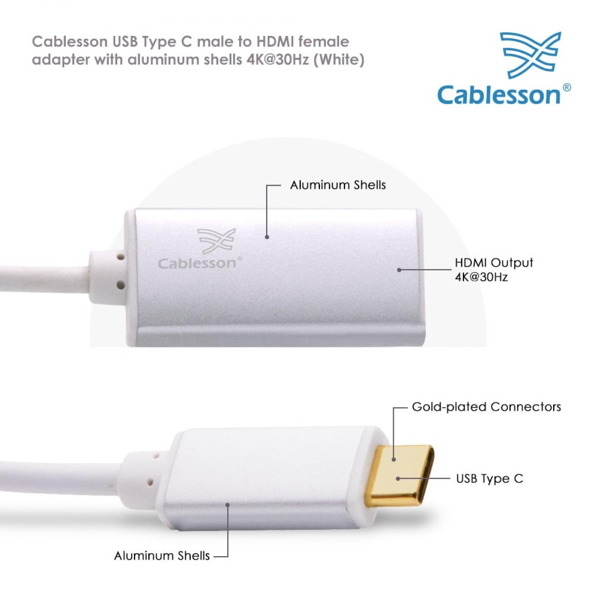 Cablesson USB Type C male to HDMI female adapter with aluminum shells 0.23M 4K@30Hz (White) — view 4