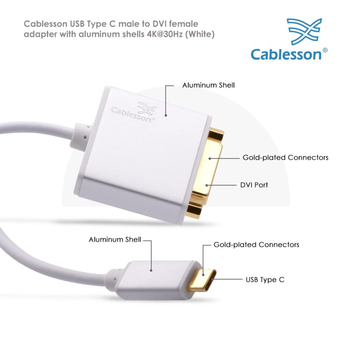 Cablesson USB Type C male to DVI female adapter with aluminum shells 0.23M 4K@30Hz (White) — view 4