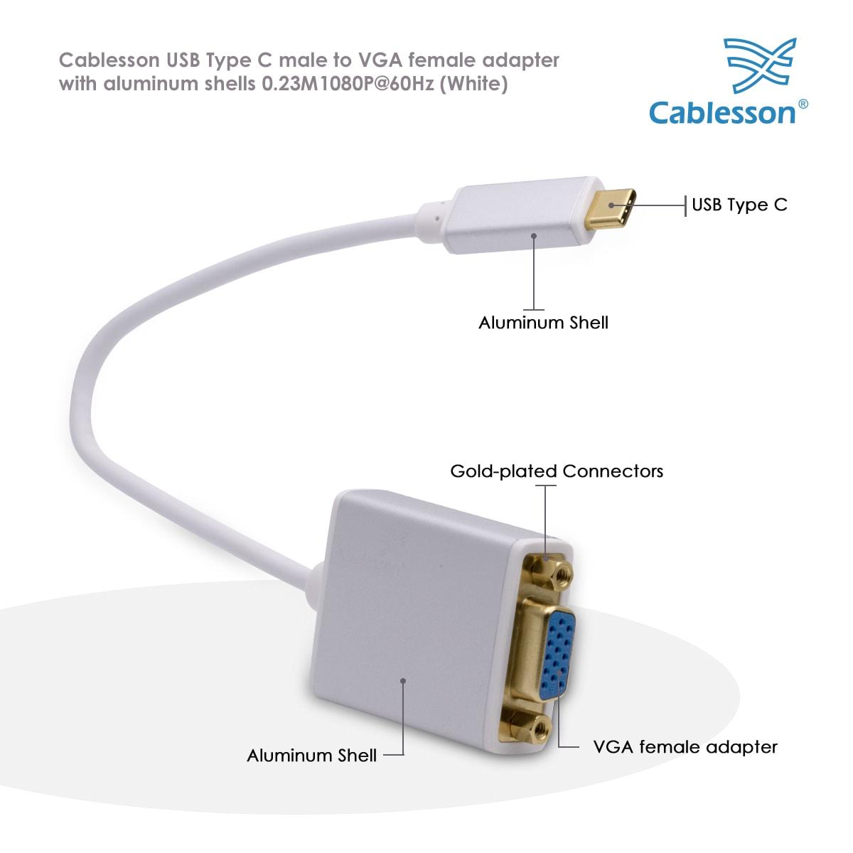 Cablesson USB Type C male to VGA female adapter with aluminum shells 0.23M 1080P@60Hz (White) — view 4