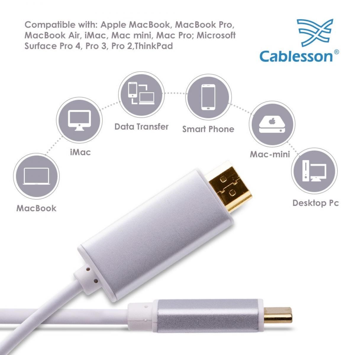 Cablesson USB Type C male to HDMI male adapter cable with aluminum shells 1M 4K@30Hz (White) — view 3
