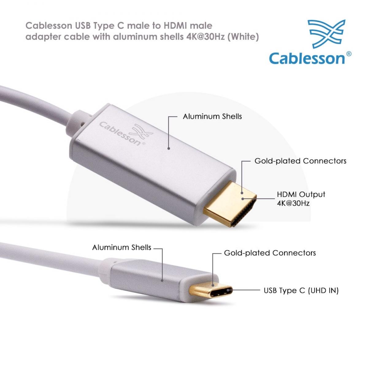 Cablesson USB Type C male to HDMI male adapter cable with aluminum shells 2M 4K@30Hz (White) — view 4