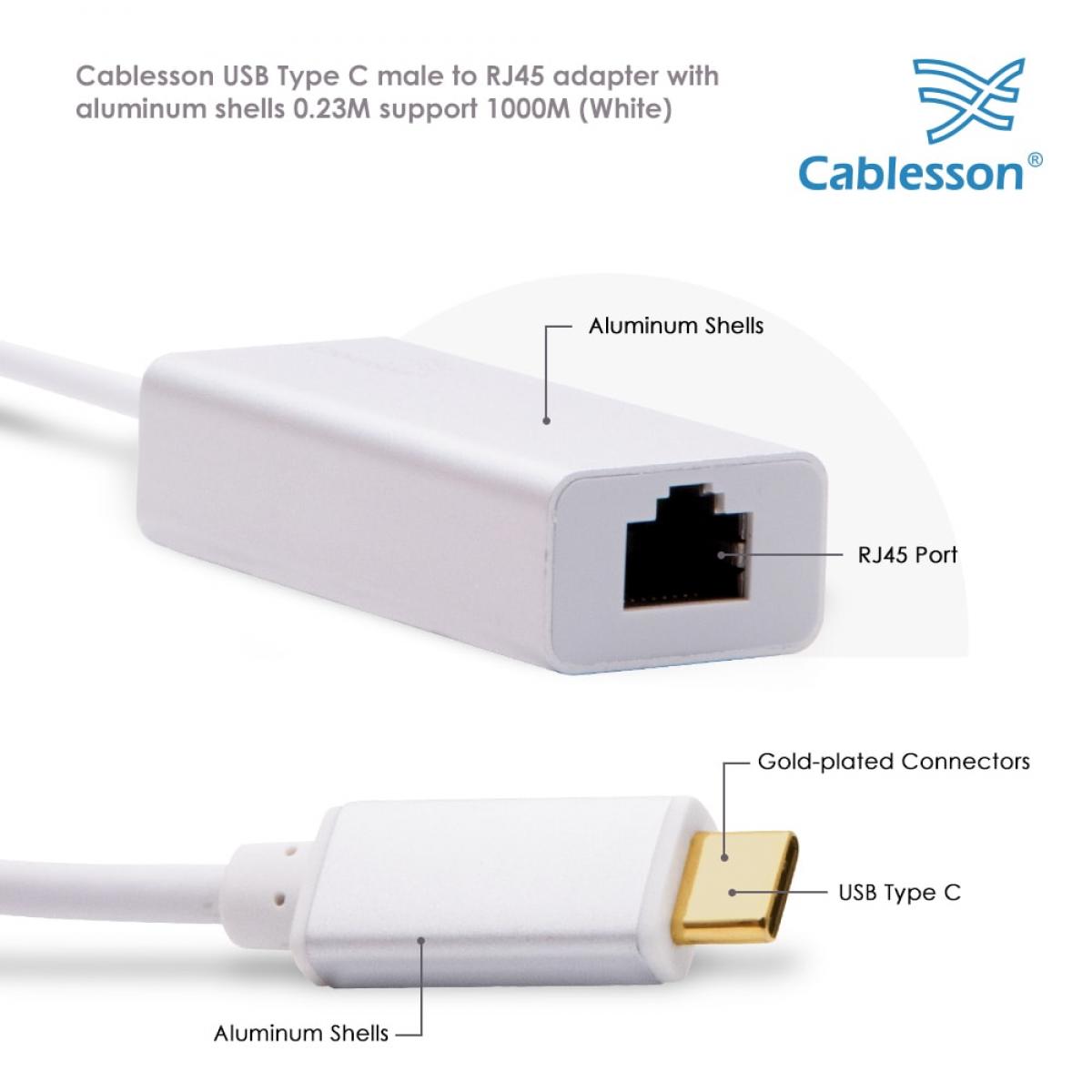 Cablesson USB Type C male to RJ45 adapter with aluminum shells 0.23M support 1000M (White) — view 4
