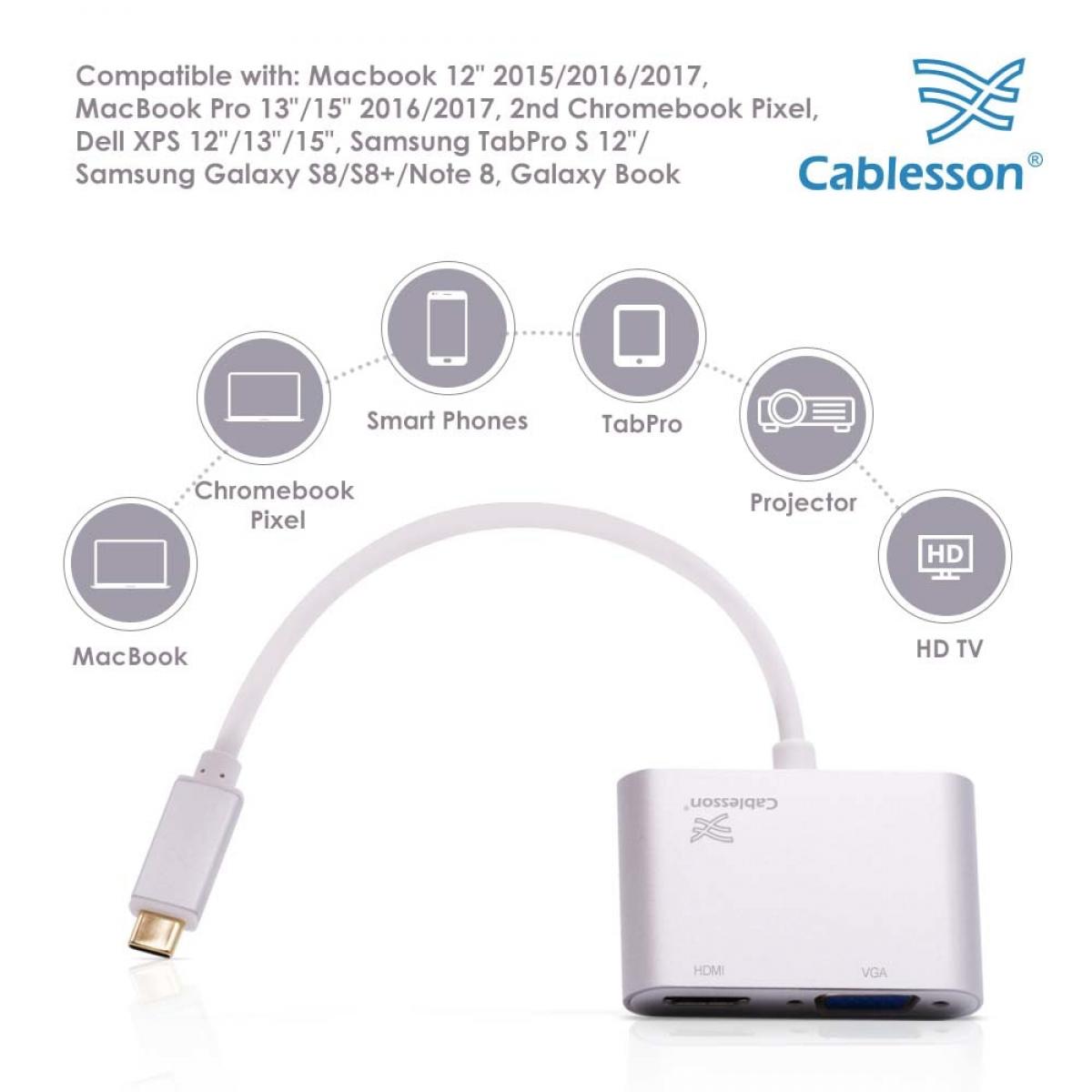 Cablesson USB Type C male to HDMI+VGA female adapter with aluminum shells 0.23M 1080P/4K30Hz (White) — view 3