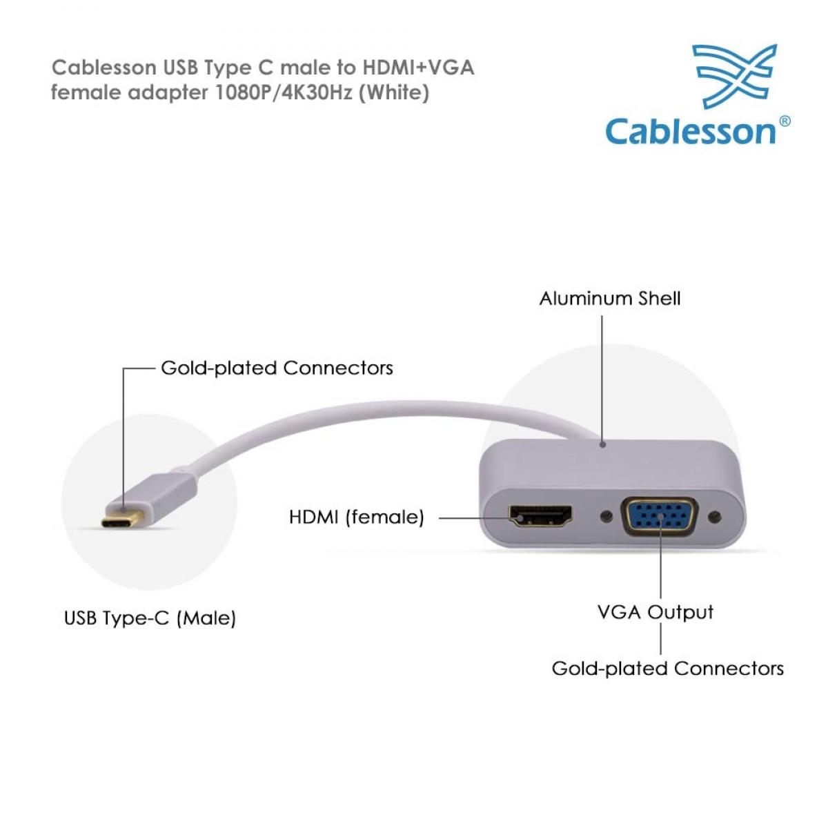 Cablesson USB Type C male to HDMI+VGA female adapter with aluminum shells 0.23M 1080P/4K30Hz (White) — view 4